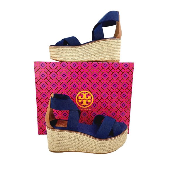 Tory Burch Shoes - Tory Burch Royal Navy / Tan Frieda Espadrille Platform Sandal - Size 8